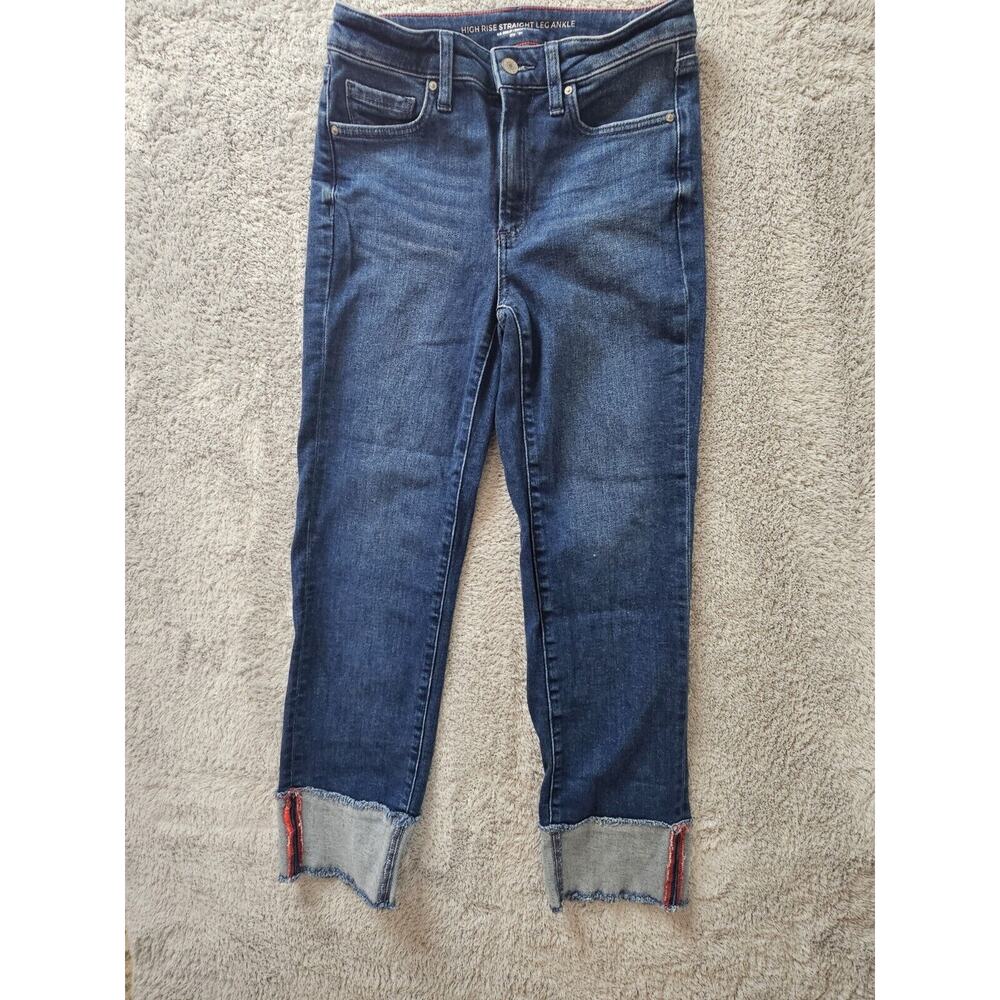 Chico's 2T High Rise Straight Leg Ankle Crop Jeans Womens Red Trim‎ Cuff  28x28